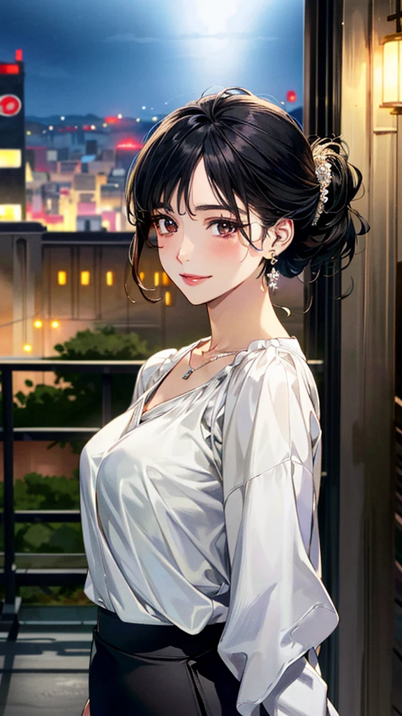 (masterpiece:1.3, Highest quality, Ultra-high resolution, Super detailed), (Realistic, photoRealistic:1.4), Beautiful illustrations, Perfect lighting, colorful, Depth of written boundary,
Beautiful detailed hair, Beautifully detailed face, Beautiful fine details, Beautiful clavicle, Beautiful body, 美しいLarge Breasts, Beautiful thighs, Beautiful feet, Beautiful fingers,
View Viewer、Front view:0.6, Beauty1人, Japanese, Beauty、30 years old, Perfect Face, (Perfect Anatomy, Anatomically correct), Cute and symmetrical face, Baby Face, , Shiny skin,
((Long sleeve blouse:1.4)),((long、Wraparound skirt:1.5))
(Black Hair, Updo Hair:1.4), Dark brown eyes, (Large Breasts), Slim body,
necklace, Small earrings:1.1,
(Beautiful views), (night), (city, cityscape in the distance), Standing with good posture, A soft smile、(Smile, Lips parted),