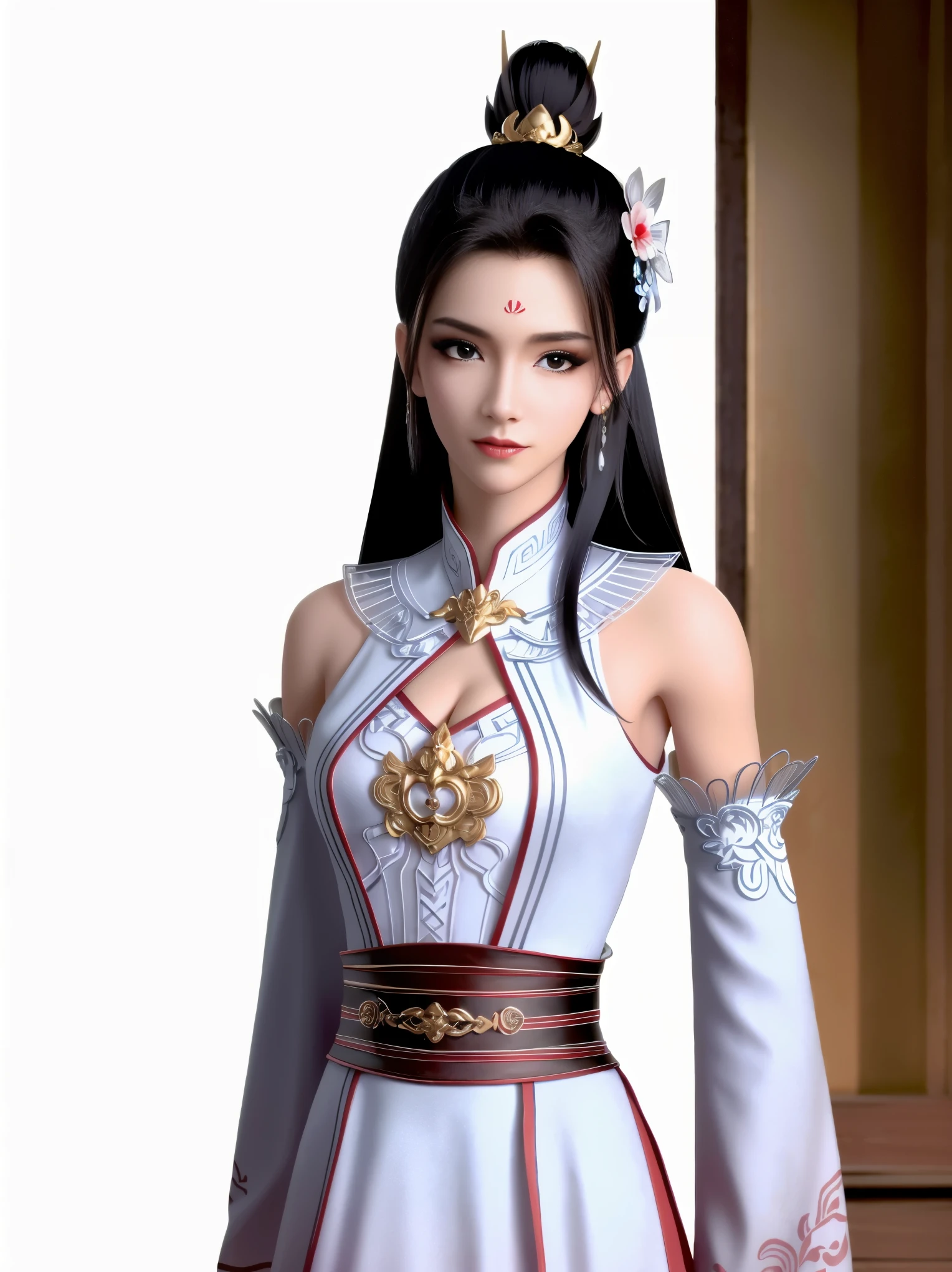 ((HRD, HUD, 8K)),((masterpiece, best quality)), highly detailed,
1girl, solo, hair ornament, hair bun, black hair, long hair, forehead mark, facial mark,
earrings, jewelry,
dress, chinese clothes, bare shoulders, detached, sash,
simple background, white background, upper body, standing, looking at viewer,