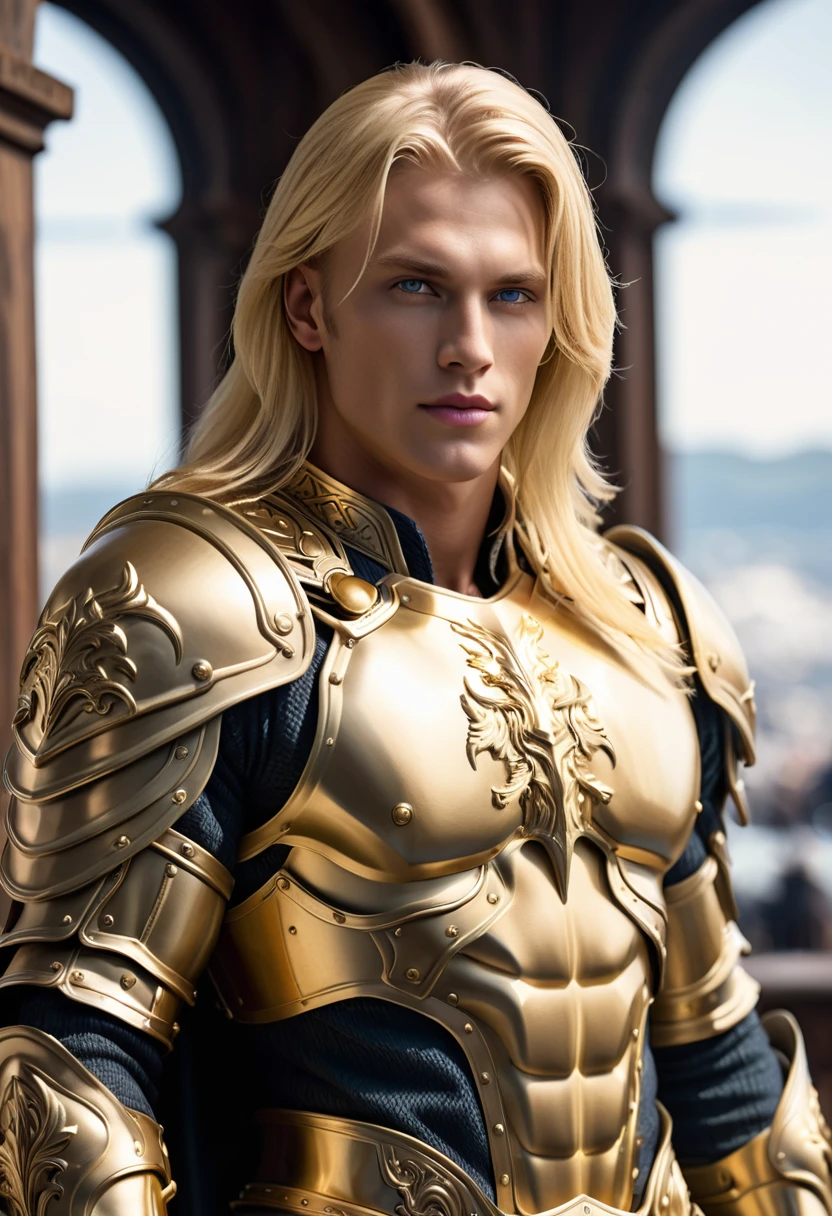 extremely handsome blond man, amazing quality, masterpiece, best quality, hyper detailed, ultra detailed, UHD, perfect anatomy, model, stylish pose, wearing fantastic armor, gold armor, full-body armor, shades, blond hair, hand up, extremely detailed, Nordic man,
