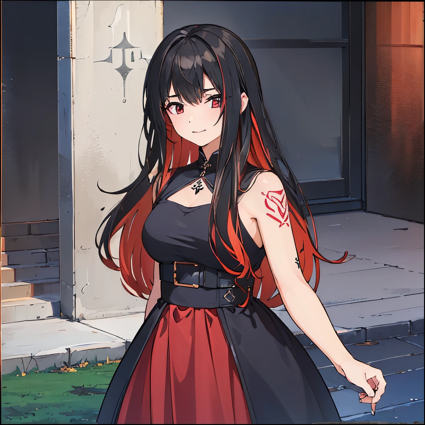 (best quality,4k,8k,highres,masterpiece:1.2),ultra-detailed,,1girl,((rune tattoos)),red and black hair,princess knight pants gown dress,circlet,fantasy,