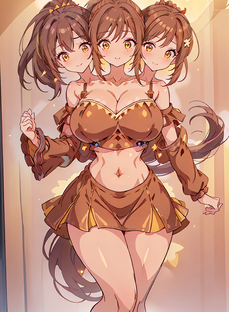 (16K), ((three headed woman)), smiling, highres, masterpiece, ((brown hair)), cleavage, large breasts, ((brown dress:1.5)), lustrous and smooth skin, (mature woman), seductive silhouette, ((crop top)), sexy proportions, Beautiful girl with accentuated slender abs, seductive woman, ((party background)), necklace, brown miniskirt, miniskirt, open belly, exposed midriff, strapless, sleeveless, yellow eyes, beautiful eyes, ((long bushy ponytail)), ((gala)), cowboy shots, very big tits, huge tits, open belly, exposed midriff
