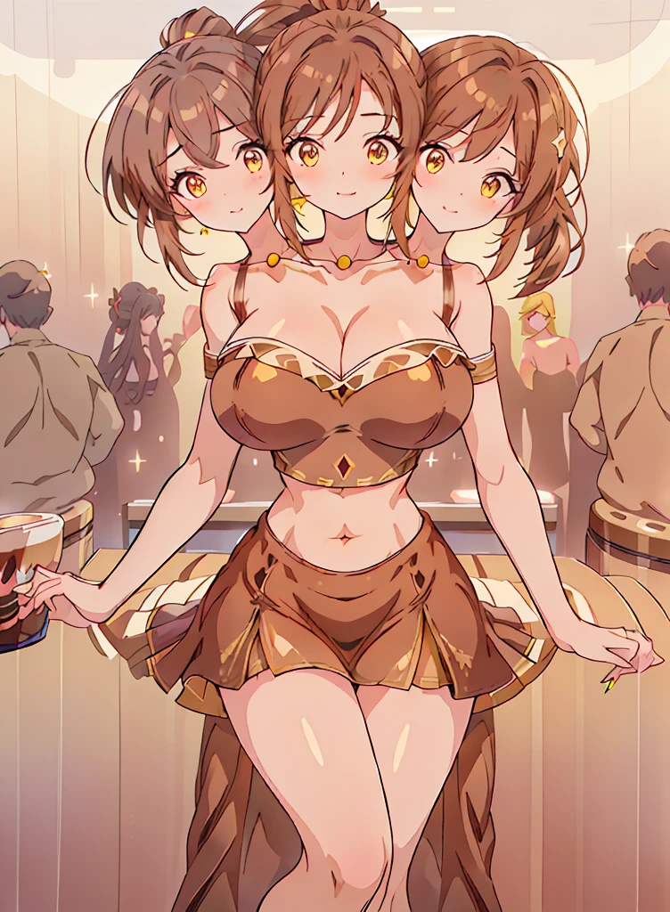 (16K), ((three headed woman)), smiling, highres, masterpiece, ((brown hair)), cleavage, large breasts, ((brown dress:1.5)), lustrous and smooth skin, (mature woman), seductive silhouette, ((crop top)), sexy proportions, Beautiful girl with accentuated slender abs, seductive woman, ((party background)), necklace, brown miniskirt, miniskirt, open belly, exposed midriff, strapless, sleeveless, yellow eyes, beautiful eyes, ((long bushy ponytail)), ((gala)), cowboy shots, very big tits, huge tits, open belly, exposed midriff

