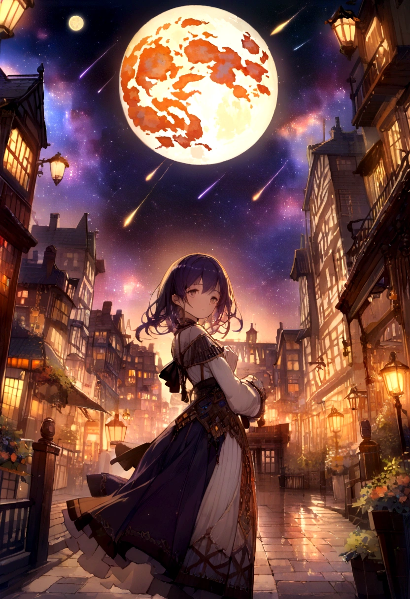 Turner-style 1900s cityscape , beautiful girl, (full moon:1.2), ( shooting star:0.9), (nebula:1.3), (Warm light source:1.2), (fire Fly:1.2), lamp, Lots of purple and orange, Intricate details, Volumetric Lighting Break (masterpiece:1.2)