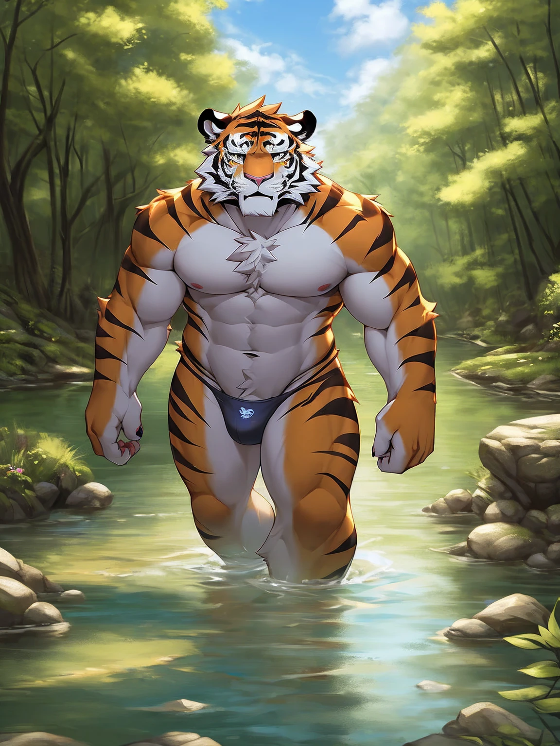 ((masterpiece)), best quality, (8K, best quality, masterpiece: 1.2), Extremely detailed, A bare-footed male tiger wearing thong underwear walks along a river in a valley.