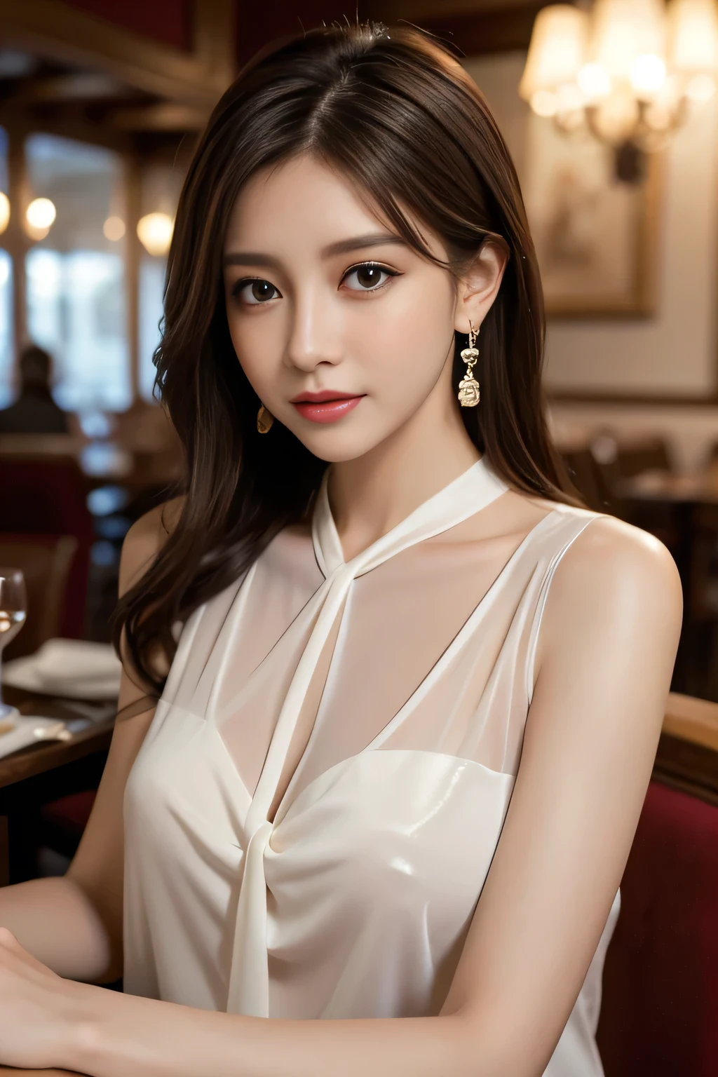 masterpiece, Highest quality, Realistic, Very detailed, Finer details, High resolution, 8k wallpaper, One beautiful woman, Wear an elegant white see-through blouse, In a great restaurant, At night, Light brown messy hair, Perfect dynamic composition, Beautiful and beautiful eyes、Big earrings,Sleeveless shirt、