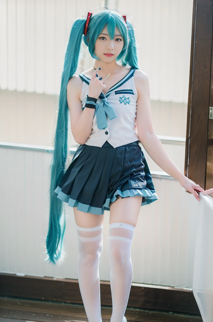 hatsune miku cosplay costume, hatsune miku, magical mirai miku, cosplay, aqua hair, twintails, very long hair, vest, sleeveless dress, frills, asymmetrical gloves, bowtie, mini hat, hair ornament, gloves, wrist cuffs, asymmetrical legwear, vertical-striped thighhighs, shoes beauty, Beautiful woman，Have a perfect body：1.4，Layered Hairstyle，((Big breasts)), ((D cup)), Visible cleavage，Bare shoulders, Highly detailed face and skin texture，Double eyelids，Skin Whitening，Long hair，Whitening long legs，Standing by the sea, Fashion girl, Red lips, Sweet maiden, Beautiful makeup, detail, lifelike, Very detailed, amazing, beautiful, Young and energetic, high quality，High Definition, rich and colorful，Exquisite, Smooth skin, The skirt is short, Lift the skirt with your hands, Elegant and charming posture, Official Art, Extremely detailed, Movie atmosphere, Soft colors, Natural skin texture,