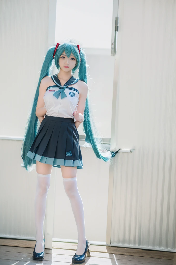 hatsune miku cosplay costume, hatsune miku, magical mirai miku, cosplay, aqua hair, twintails, very long hair, vest, sleeveless dress, frills, asymmetrical gloves, bowtie, mini hat, hair ornament, gloves, wrist cuffs, asymmetrical legwear, vertical-striped thighhighs, shoes beauty, Beautiful woman，Have a perfect body：1.4，Layered Hairstyle，((Big breasts)), ((D cup)), Visible cleavage，Bare shoulders, Highly detailed face and skin texture，Double eyelids，Skin Whitening，Long hair，Whitening long legs，Standing by the sea, Fashion girl, Red lips, Sweet maiden, Beautiful makeup, detail, lifelike, Very detailed, amazing, beautiful, Young and energetic, high quality，High Definition, rich and colorful，Exquisite, Smooth skin, The skirt is short, Lift the skirt with your hands, Elegant and charming posture, Official Art, Extremely detailed, Movie atmosphere, Soft colors, Natural skin texture,