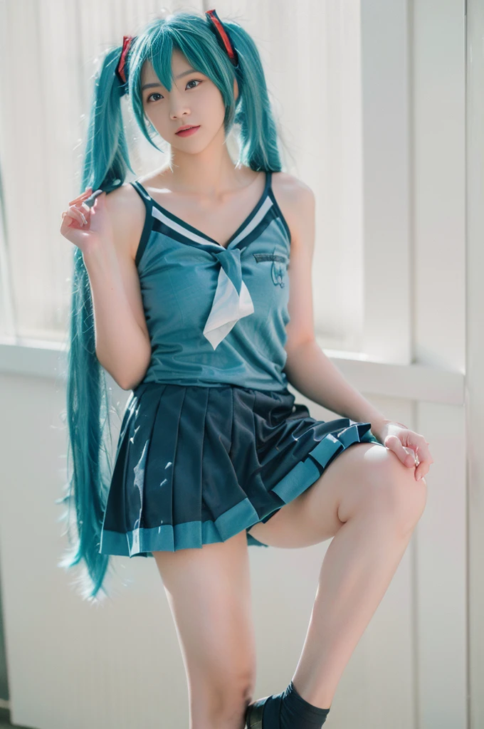 hatsune miku cosplay costume, hatsune miku, magical mirai miku, cosplay, aqua hair, twintails, very long hair, vest, sleeveless dress, frills, asymmetrical gloves, bowtie, mini hat, hair ornament, gloves, wrist cuffs, asymmetrical legwear, vertical-striped thighhighs, shoes beauty, Beautiful woman，Have a perfect body：1.4，Layered Hairstyle，((Big breasts)), ((D cup)), Visible cleavage，Bare shoulders, Highly detailed face and skin texture，Double eyelids，Skin Whitening，Long hair，Whitening long legs，Standing by the sea, Fashion girl, Red lips, Sweet maiden, Beautiful makeup, detail, lifelike, Very detailed, amazing, beautiful, Young and energetic, high quality，High Definition, rich and colorful，Exquisite, Smooth skin, The skirt is short, Lift the skirt with your hands, Elegant and charming posture, Official Art, Extremely detailed, Movie atmosphere, Soft colors, Natural skin texture,