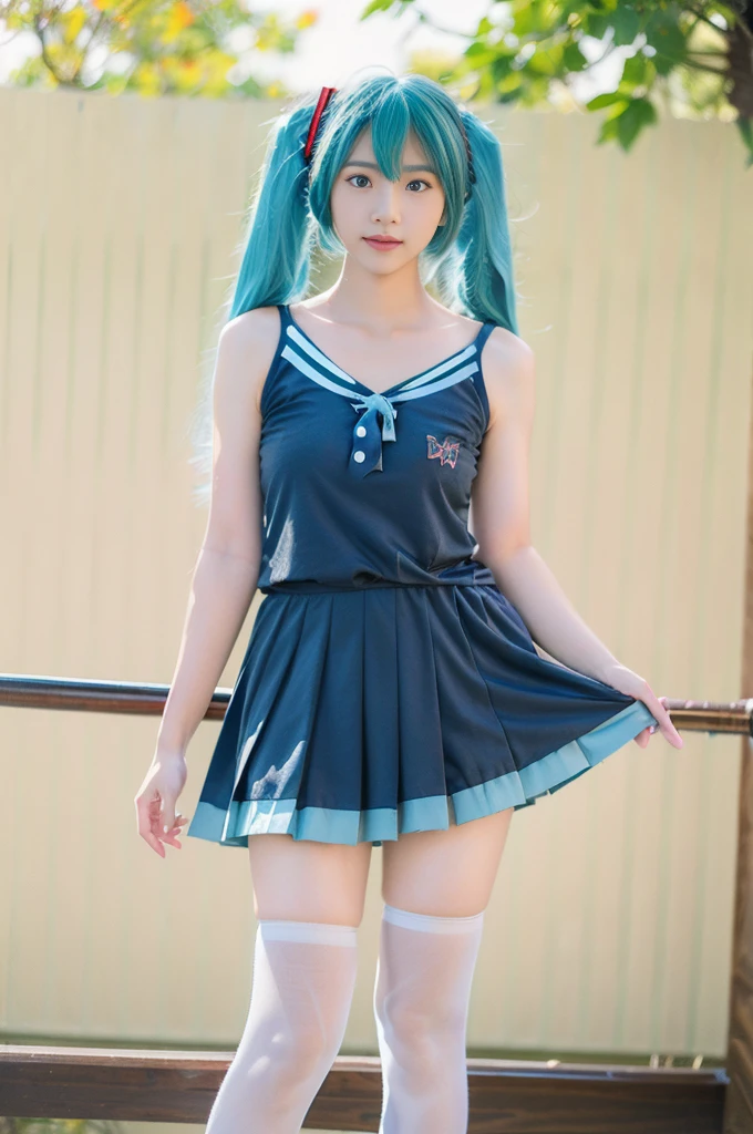 hatsune miku cosplay costume, hatsune miku, magical mirai miku, cosplay, aqua hair, twintails, very long hair, vest, sleeveless dress, frills, asymmetrical gloves, bowtie, mini hat, hair ornament, gloves, wrist cuffs, asymmetrical legwear, vertical-striped thighhighs, shoes beauty, Beautiful woman，Have a perfect body：1.4，Layered Hairstyle，((Big breasts)), ((D cup)), Visible cleavage，Bare shoulders, Highly detailed face and skin texture，Double eyelids，Skin Whitening，Long hair，Whitening long legs，Standing by the sea, Fashion girl, Red lips, Sweet maiden, Beautiful makeup, detail, lifelike, Very detailed, amazing, beautiful, Young and energetic, high quality，High Definition, rich and colorful，Exquisite, Smooth skin, The skirt is short, Lift the skirt with your hands, Elegant and charming posture, Official Art, Extremely detailed, Movie atmosphere, Soft colors, Natural skin texture,