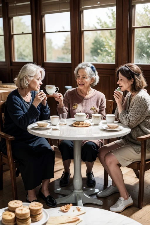 create an illustration featuring four 60-year-old female friends, drinking tea and eating pastries. This takes place in the 80&#39;s`. 
