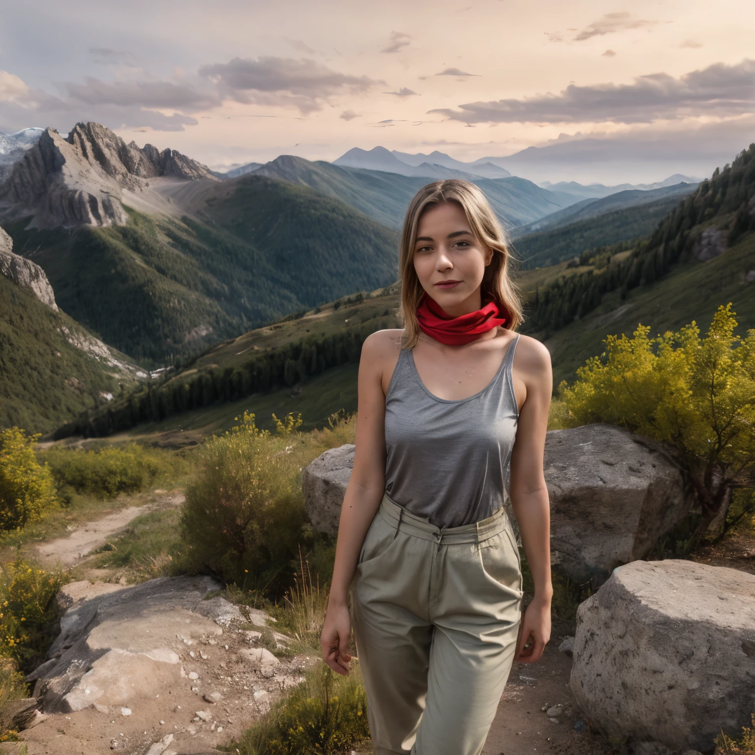LaGermania is on a delightful hiking vacation in the upper Italian Alps, her outfit blending functionality and style. She wears a lightweight, moisture-wicking tank top in a cheerful coral color, paired with comfortable, rugged hiking pants in a neutral beige. Her blonde hair is styled in a loose bun, with a few strands escaping to frame her face. A bright red bandana tied around her neck adds a pop of color and a touch of flair. Her makeup is minimal, highlighting her natural beauty with just a hint of blush and a swipe of mascara to accentuate her blue eyes. She wears a pair of sturdy, well-worn hiking boots, perfect for the rocky and uneven trails. A sleek, modern backpack in a matching coral hue rests on her shoulders, packed with hiking essentials. LaGermania stands at a scenic viewpoint, the vast expanse of the Italian Alps stretching out before her. The sun is beginning to set, casting a warm golden glow over the jagged peaks and verdant valleys. She looks out over a pristine alpine lake, its surface mirroring the fiery colors of the sky. Wildflowers in shades of yellow, purple, and white dot the landscape, adding to the natural beauty. A narrow, winding path leads down to a picturesque village nestled in the valley, its stone cottages and church steeple creating a charming focal point. The sound of distant cowbells and the gentle rustling of leaves in the breeze add to the tranquil ambiance. LaGermania takes a moment to breathe in the fresh mountain air, her expression one of pure contentment and awe. The overall atmosphere is one of breathtaking beauty and serene adventure. LaGermania's attire and the stunning alpine scenery capture the essence of a perfect hiking vacation. The combination of her practical yet stylish outfit, the magnificent landscape, and her peaceful demeanor creates a vivid and inspiring image, evoking a sense of tranquility and connection with nature.