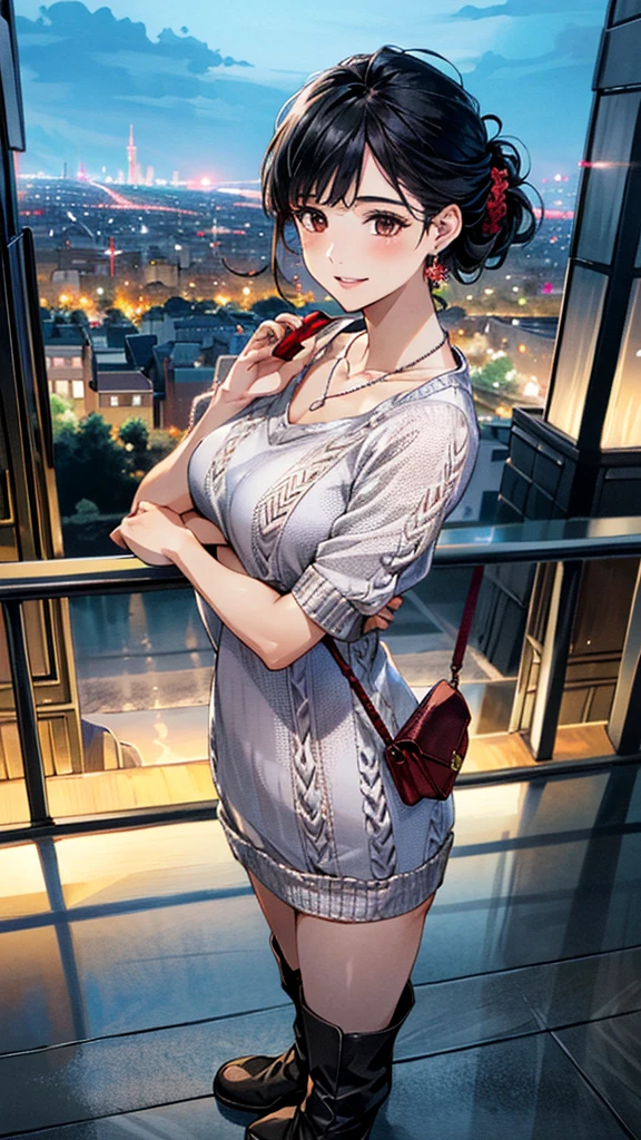 (masterpiece:1.3, Highest quality, Ultra-high resolution, Super detailed), (Realistic, photoRealistic:1.4), Beautiful illustrations, Perfect lighting, colorful, Depth of written boundary,
Beautiful detailed hair, Beautifully detailed face, Beautiful fine details, Beautiful clavicle, Beautiful body, 美しいLarge Breasts, Beautiful thighs, Beautiful feet, Beautiful fingers,
View Viewer、Front view:0.6, Beauty1人, Japanese, Beauty、30 years old, Perfect Face, (Perfect Anatomy, Anatomically correct), Cute and symmetrical face, Baby Face, , Shiny skin,
((long、Knit dress:1.4)),(short boots:1.4)、(carrying a handbag:1.2)
(Black Hair, Updo Hair:1.4), Dark brown eyes, Large Breasts, Slim body,
necklace, Small earrings:1.1,
(Beautiful views), (night), (city, cityscape in the distance), Standing with good posture, A soft smile、(Smile, Lips parted),