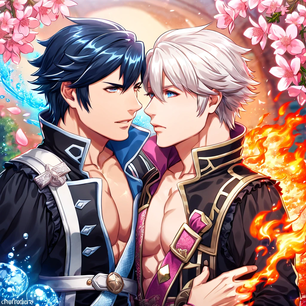 absurdres, highres, ultra detailed, HDR, master piece, best quality, Robin, white hair, expressive brown eyes, fire emblem awakening, Chrom, expressive blue eyes, two sexy men together, yaoi, gay couple, handsome, toned chest, black tunic, prince clothes, magical, fantasy, shining, pink flowers, pink blossoms, pink butterflies, pink petals, water