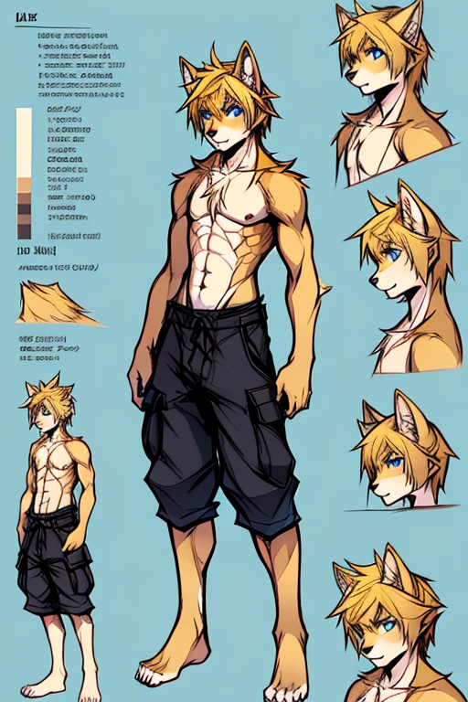 ( Absurdly , High quality , ultra detailed ) ,( hand detailed ) , 1boy, solo, , (concept art, character sheet, character sketch), absurdres(highly detailed beautiful face and eyes)perfect anatomy, (Male yellow-gold wolf), (((lean-body))) ((thin body)) (fit), (dark-blue eyes, (lighter chest fur) (black cargo shorts), barefoot, intense eyes, (concept art, character sheet,), gold fur, gold hair (Thomas Fischbach style legs) (animal feet)
