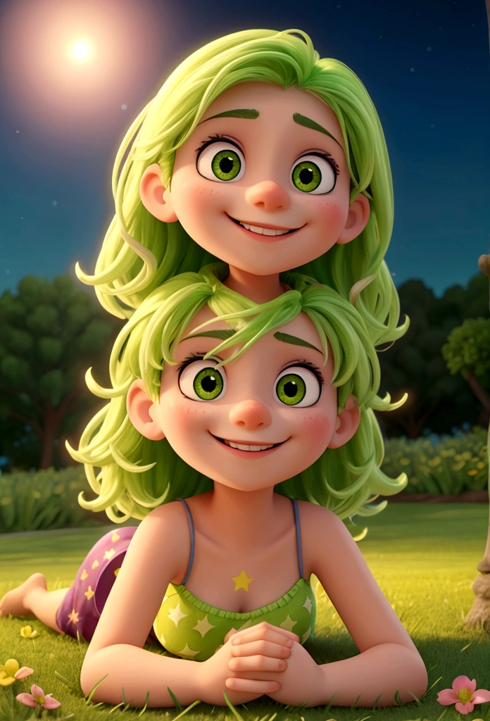 lying on grass at night while smiling proudly