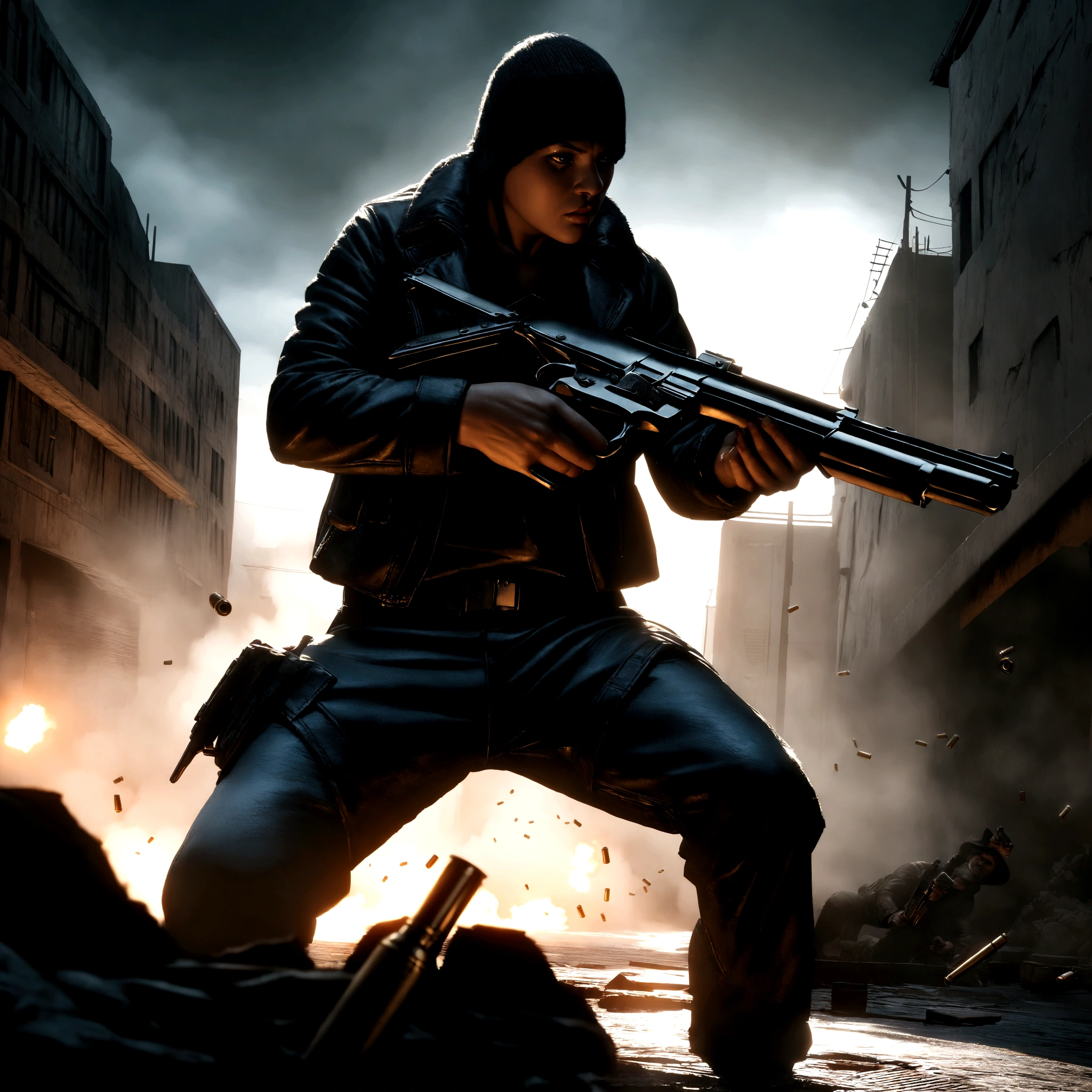 a bandit with a pistol, detailed firearm, bullet cartridges, intense gun battle, gritty urban environment, cinematic action scene, dark and moody atmosphere, dramatic lighting, high contrast, cinematic composition, hyper-detailed, photorealistic, 8k, unreal engine, dark and gritty, moody, dramatic, intense, action, thriller