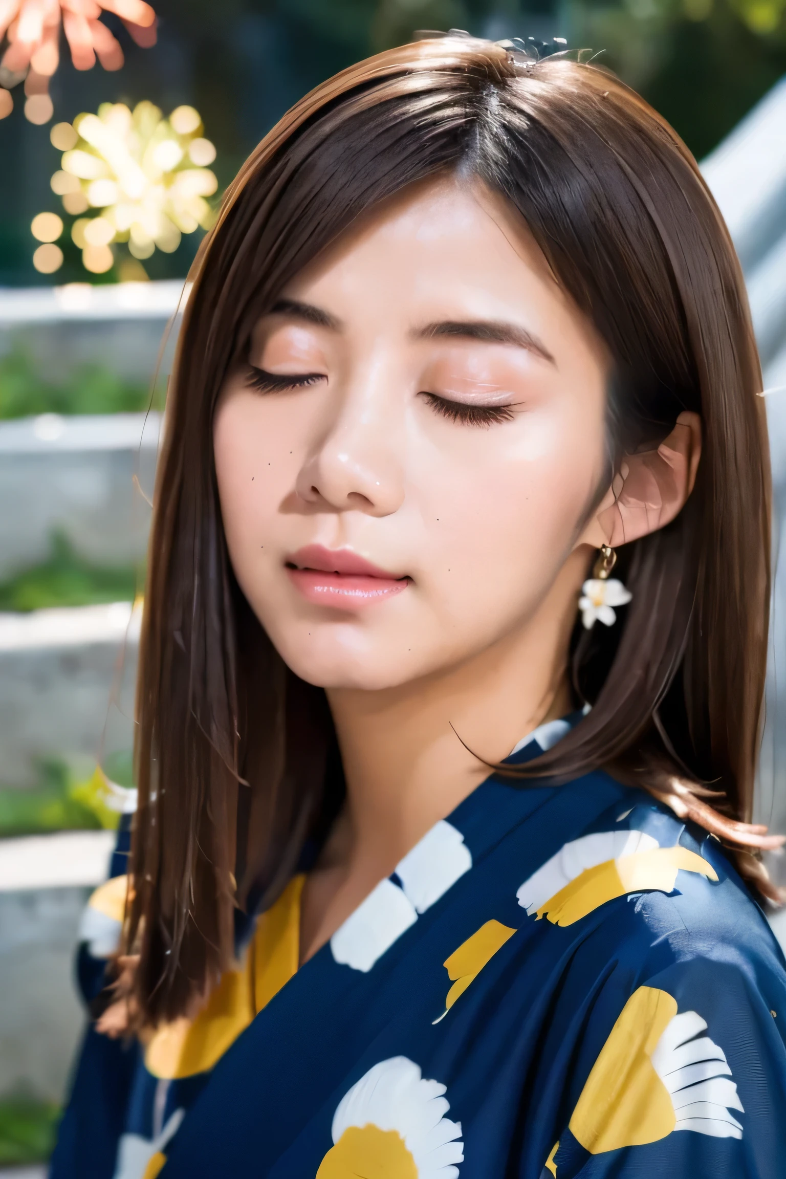 (masterpiece:1.3), high resolution, ultra detailed, extremely detailed CG unity 8k wallpaper, realistic, photo-realistic, RAW photo, beautiful detailed face, pale skin, realistic glistening skin, detailed cloth texture, detailed hair texture, Perfect body, Beautiful Face, accurate, Anatomically correct, Highly detailed face and skin texture, natural neck length, (beautiful hands), (fair skin:1.2), Thin legs, Thin feet, (well-aligned teeth:1.1), sweaty skin, 
BREAK, 
Detailed eyes, symmetric eyes, Light Brown eyes, Double eyelids, Thin eyebrows, (moist eyes:1.2), (Glossy lips:1.4), (Closed eyes:1.3), (blush:1.2), (A sparkling small hair accessory:1.1), 
BREAK, 
(A classy girl:1.3), (Wearing (a navy yukata:1.2) with white flower patterns), 
BREAK, 
((Close up shot:1.3)), 
medium breasts, slender figure, firm abs, 
((updo hairstyle, Dark blonde hair, wavy hair, long hair, asymmetric bangs:1.2)), 
BREAK, 
((Standing on the Stairs with leaning on me from below:1.2)), ((Countless colorfully fireworks are bursting in the night sky behind in riverside terrace:1.2)),