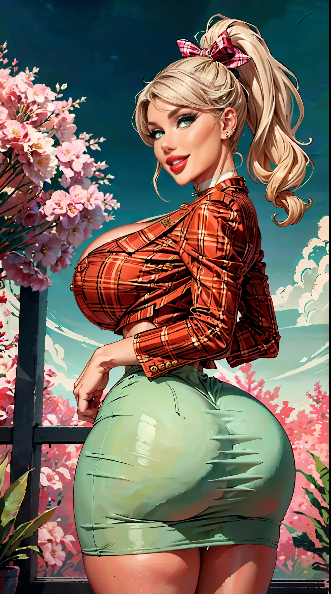 Best quality, solo mature woman, giant breasts, giant ass, very curvy, wavy hair in high pony, green eyes, full lips, seductive, pale yellow plaid blazer, white turtle neck, tight pencil skirt, hair bow, cute smile, curvy physique, flowery choker, multiple piercings, bimbo