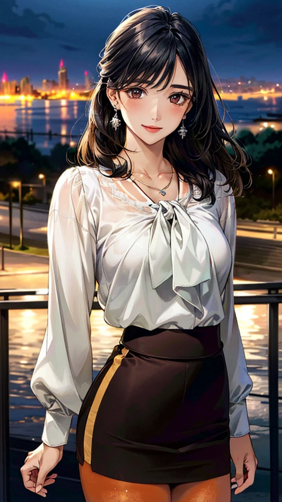 (masterpiece:1.3, Highest quality, Ultra-high resolution, Super detailed), (Realistic, photoRealistic:1.4), Beautiful illustrations, Perfect lighting, colorful, Depth of written boundary,
Beautiful detailed hair, Beautifully detailed face, Beautiful fine details, Beautiful clavicle, Beautiful body, 美しいLarge Breasts, Beautiful thighs, Beautiful feet, Beautiful fingers,
View Viewer、Front view:0.6, Beauty1人, Japanese, Beauty、30 years old, Perfect Face, (Perfect Anatomy, Anatomically correct), Cute and symmetrical face, Baby Face, , Shiny skin,
((Long sleeve blouse:1.4)),((tan、long、Wraparound skirt:1.5))
(Black Hair, Updo Hair:1.4), Dark brown eyes, (Large Breasts), Slim body,
necklace, Small earrings:1.1,
(Beautiful views), (night), (city, cityscape in the distance), Standing with good posture, A soft smile、(Smile, Lips parted),