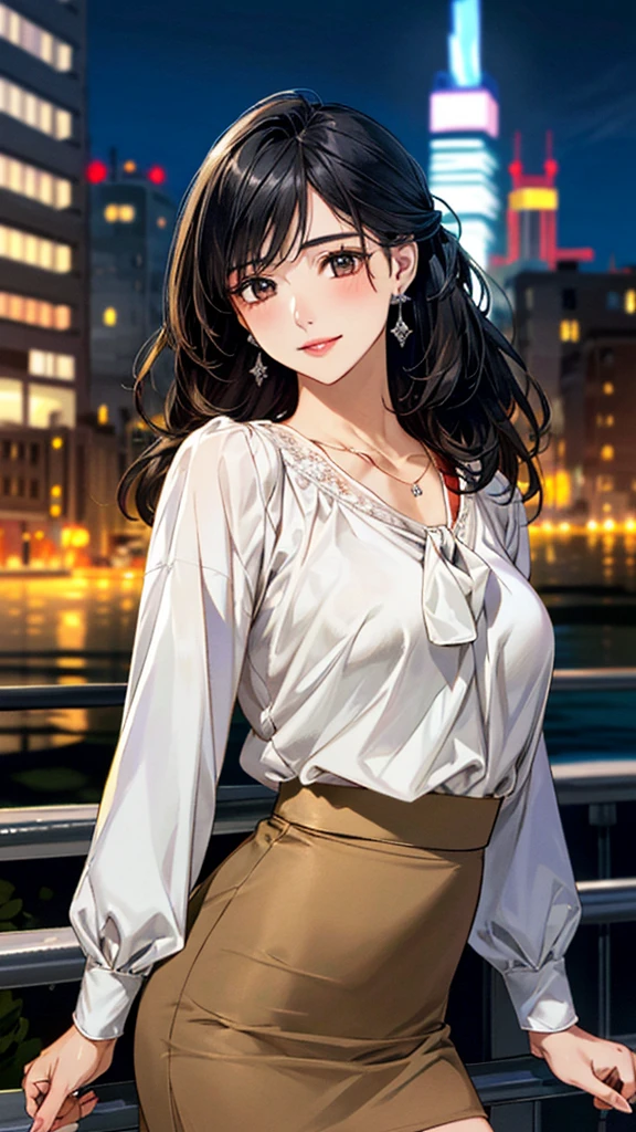 (masterpiece:1.3, Highest quality, Ultra-high resolution, Super detailed), (Realistic, photoRealistic:1.4), Beautiful illustrations, Perfect lighting, colorful, Depth of written boundary,
Beautiful detailed hair, Beautifully detailed face, Beautiful fine details, Beautiful clavicle, Beautiful body, 美しいLarge Breasts, Beautiful thighs, Beautiful feet, Beautiful fingers,
View Viewer、Front view:0.6, Beauty1人, Japanese, Beauty、30 years old, Perfect Face, (Perfect Anatomy, Anatomically correct), Cute and symmetrical face, Baby Face, , Shiny skin,
((Long sleeve blouse:1.4)),((tan、long、Wraparound skirt:1.5))
(Black Hair, Updo Hair:1.4), Dark brown eyes, (Large Breasts), Slim body,
necklace, Small earrings:1.1,
(Beautiful views), (night), (city, cityscape in the distance), Standing with good posture, A soft smile、(Smile, Lips parted),
