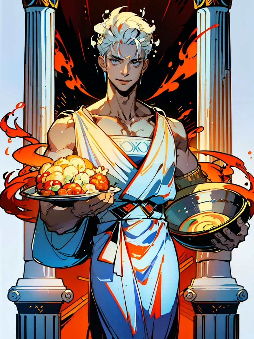 1boy, alone, 25 years old, young, white hair, blue eyes, insister sur les reflets des yeux bleus, cheveux blancs, mid lenght hair, bowl haircut, bowl hair cut, boss, formal business outfit, white outfit, white clothes, raising an eyebrow, smiling, hades style, hades game, Jen zee style, greek themed image, greek background, hypnos, tartarus scenery, fumes, greek columns in background, lots of columns, greek architecture, white themed image, white furniture, orange touches of color, orange walls, looking at viewer, urn of value hades game wiki obols, hades, game, wiki, obols