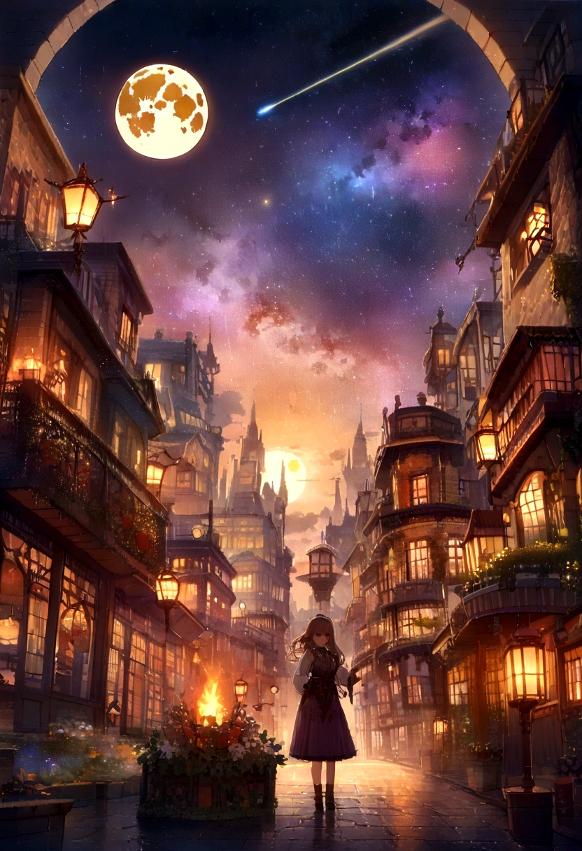 Turner-style 1900s cityscape , beautiful girl, (full moon:1.2), ( shooting star:0.9), (nebula:1.3), (Warm light source:1.2), (fire Fly:1.2), lamp, Lots of purple and orange, Intricate details, Volumetric Lighting Break (masterpiece:1.2)