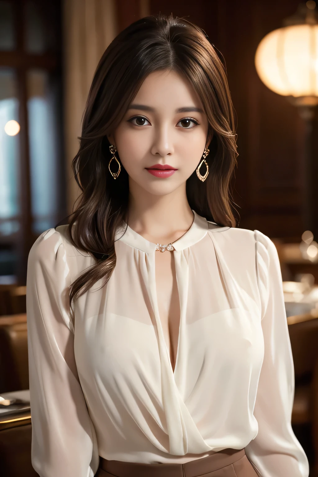 masterpiece, Highest quality, Realistic, Very detailed, Finer details, High resolution, 8k wallpaper, One beautiful woman, Wear an elegant white see-through blouse, In a great restaurant, At night, Light brown messy hair, Perfect dynamic composition, Beautiful and beautiful eyes、Big earrings,