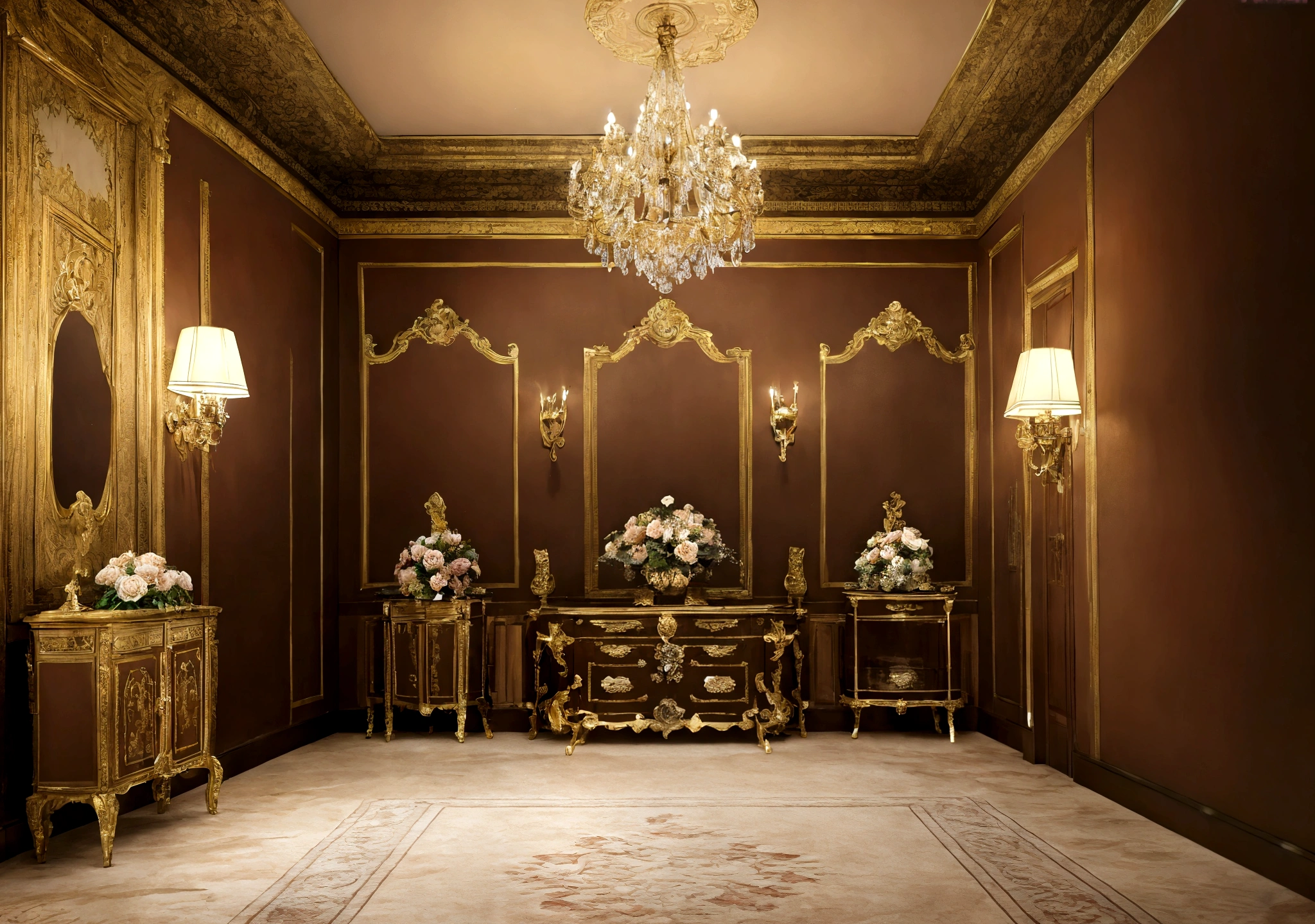 A detailed, ornate European palace interior room, close-up view, featuring a cabinet, flower arrangement, decor items, wall sconces, no doors or windows, in a light brown color scheme, with cinematic lighting, ultra-realistic, high-quality, extremely detailed, high-resolution.