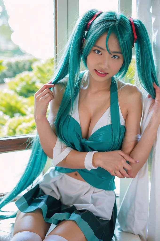 hatsune miku cosplay costume, hatsune miku, magical mirai miku, cosplay, aqua hair, twintails, very long hair, vest, sleeveless dress, frills, asymmetrical gloves, bowtie, mini hat, hair ornament, gloves, wrist cuffs, asymmetrical legwear, vertical-striped thighhighs, shoes beauty, Beautiful woman,Have a perfect body:1.4,Layered Hairstyle,((Big breasts)), ((D cup)), Visible cleavage,Bare shoulders, Highly detailed face and skin texture,Double eyelids,Skin Whitening,Long hair,Whitening long legs,Standing by the sea, Fashion girl, Red lips, Sweet maiden, Beautiful makeup, detail, lifelike, Very detailed, amazing, beautiful, Young and energetic, high quality,High Definition, rich and colorful,Exquisite, Smooth skin, The skirt is short, Lift the skirt with your hands, Elegant and charming posture, Official Art, Extremely detailed, Movie atmosphere, Soft colors, Natural skin texture,