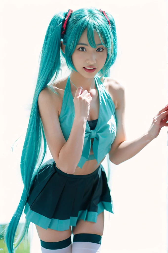 hatsune miku cosplay costume, hatsune miku, magical mirai miku, cosplay, aqua hair, twintails, very long hair, vest, sleeveless dress, frills, asymmetrical gloves, bowtie, mini hat, hair ornament, gloves, wrist cuffs, asymmetrical legwear, vertical-striped thighhighs, shoes beauty, Beautiful woman，Have a perfect body：1.4，Layered Hairstyle，((Big breasts)), ((D cup)), Visible cleavage，Bare shoulders, Highly detailed face and skin texture，Double eyelids，Skin Whitening，Long hair，Whitening long legs，Standing by the sea, Fashion girl, Red lips, Sweet maiden, Beautiful makeup, detail, lifelike, Very detailed, amazing, beautiful, Young and energetic, high quality，High Definition, rich and colorful，Exquisite, Smooth skin, The skirt is short, Lift the skirt with your hands, Elegant and charming posture, Official Art, Extremely detailed, Movie atmosphere, Soft colors, Natural skin texture,