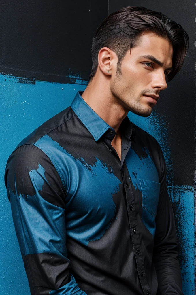 High quality man in black shirt and blue paint
