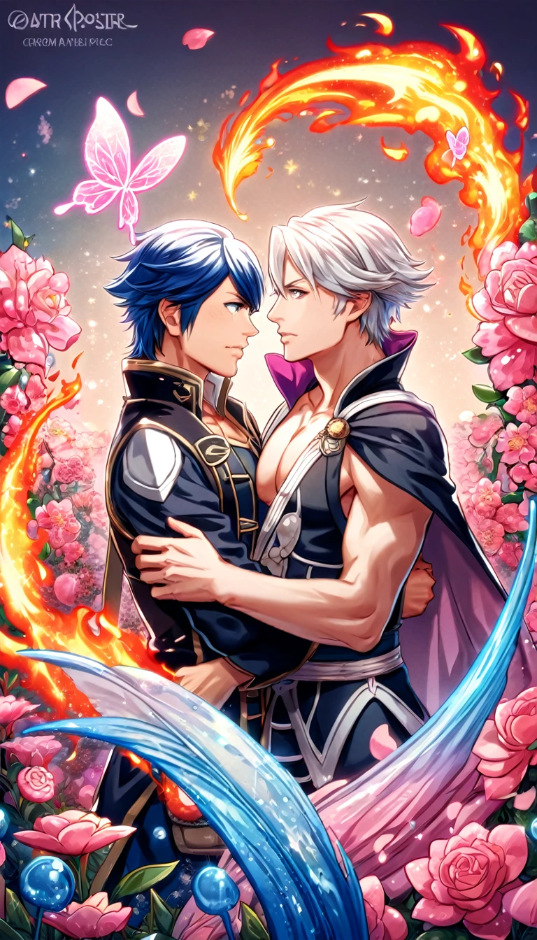 absurdres, highres, ultra detailed, HDR, master piece, best quality, Robin, white hair, expressive brown eyes, fire emblem awakening, Chrom, expressive blue eyes, two sexy men together, yaoi, gay couple, handsome, toned chest, black tunic, prince clothes, magical, fantasy, shining, pink flowers, pink blossoms, pink butterflies, pink petals, water