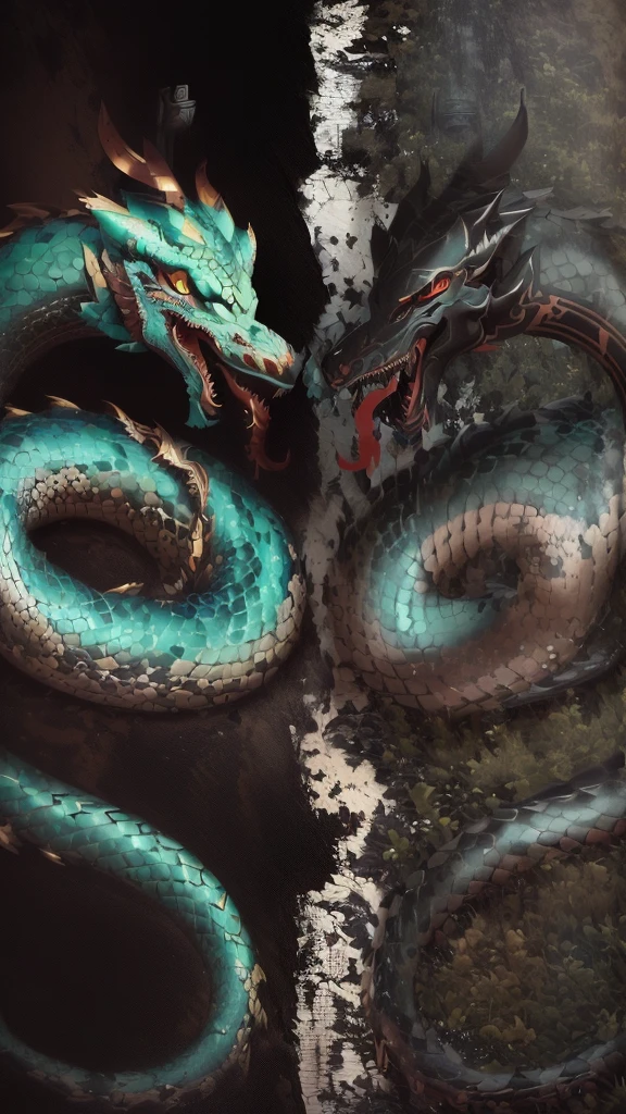 graffiti of a dragon and a snake on a wall, portrait of a sacred serpiente, Intrincado detalle de pintura con tinta, symmetry!! retrato de hades, Ying y Yang, Dragon face, powder Adam Szentpétery, dragon eyes, arte de serpiente, dragon art, Estilo de tatuaje negro y gris, naga, chinese dragon engraving, serpiente, dragones