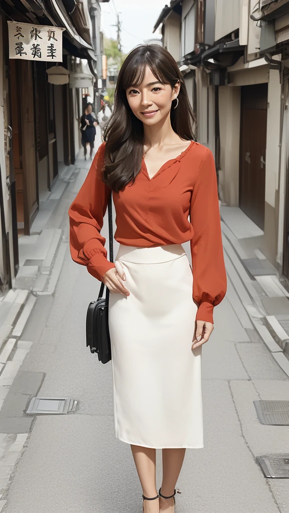 ((Highest quality)), ((8K)), ((masterpiece:1.3)), (Perfect look), (Photorealism:1.6), (One Japanese Mature), (A woman walking through an old street lined with Japanese houses), (Tenement houses on both sides of the road), (Blurred Background), (PT, JMA), ((画面中央にOne Japanese Mature)), ((Realistic skin texture)), (Fine wrinkles all over the skin:1.3), (Dull skin:1.1), (Unmoisturized skin:1.2), (Facial wrinkles:0.9), (Wrinkles around the eyes:1.2), double eyelid, Tear bags on the lower eyelids, (Crying Mole:0.9), The eyes are watching me, Serious look, (Dimples on cheeks:1.2), (Short bangs:1.2), Long hair with curled ends, (Hair over the ears), Smiling with the corners of his mouth turned up, (Red blouse), (Black long skirt), Soft fabric blouse, (Wide-necked blouse: 1.4), Wide sleeves, Cuffs that fit snugly around the wrist, Long Skirt, Small breasts, (Salmon pink lips), (Red high heels：1.2), (He is holding a suitcase in his left hand: 1.4), (Standing posture, Full body portrait：1.4), (Angle from the feet：1.4),