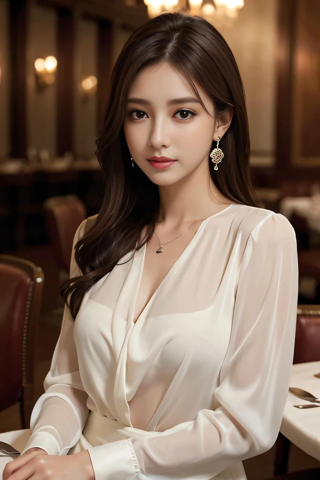 masterpiece, Highest quality, Realistic, Very detailed, Finer details, High resolution, 8k wallpaper, One beautiful woman, Wear an elegant white see-through blouse, In a great restaurant, At night, Light brown messy hair, Perfect dynamic composition, Beautiful and beautiful eyes、Big earrings,