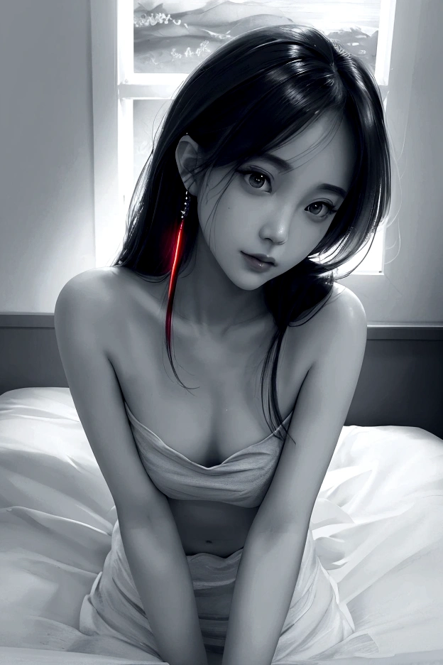 Special clothing 34,Bare shoulders,shirt, Fashionable Girl, Red lips, 20歳美Shii女性, compensate, Big eyes. Cute eyes, ((Random shooting angles)), (8K quality, masterpiece:1.4), Super detailed, (Realistic:1.37), 美Shii, like々Shii, Attractive model (Fine grain, Detailed lips, extremely Fine grain), White and floral, Showing off a radiant smile, Slim figure, Long legs, Creating breathtaking portrayals of girls, Warm tones, (Very high color saturation:1.3), Official Art, Very detailedな CG 統合 8k 壁紙,(High Dynamic Range :1.4), (Cinematic),(Soft colors, Dull colors, Calm tone :1.3), (Natural skin texture, ultra-Realistic, Soft Light, sharp),(Very detailed), (Lie in bed and take photos), Elegant pose, Attractive pose,Real,
