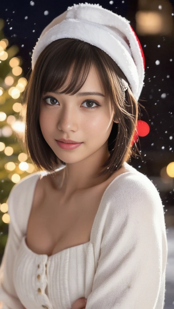 1girl, (santa claus costume slim fit:1.5), symmetry,(beautiful cute ultra young girl:2.0), (slender woman body:1.5), (ultra short hair:1.75), ultra big smile, (Beautiful large round droped detailed eyes:1.5), beautiful detailed lips, (extremely detailed beautiful face, natural makeup, Incredibly beautiful skin:2.0), (best quality,4k,8k,highres,masterpiece:1.75),(ultra-detailed,realistic,photorealistic,photo-realistic:2.0),professional,vivid colors,studio lighting,(snowing night town,christmas eve:1.25)