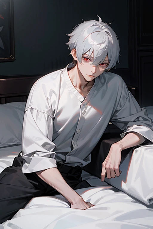 male、Gray Hair、Short Hair、Red Eye、Cold-blooded man、Handsome、Waking up、Sitting on a black bed、A lazy face、Pale expression、Casual clothing、