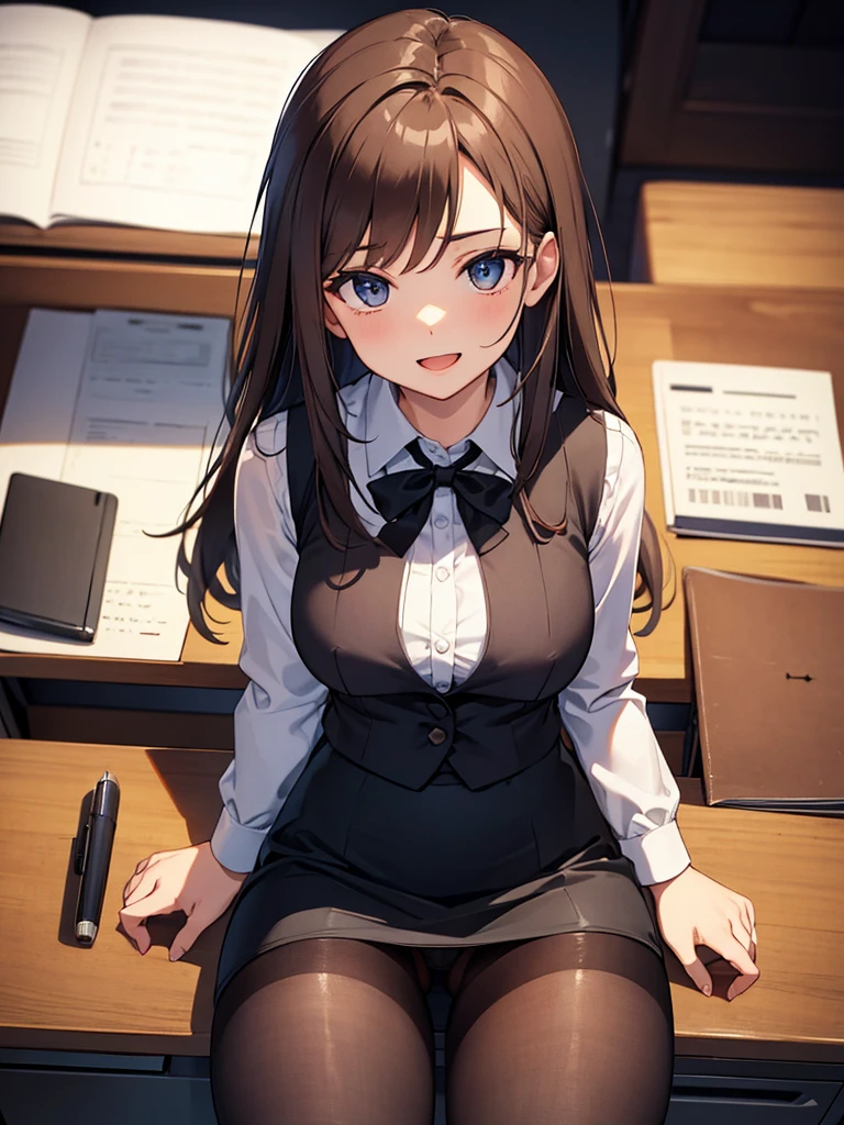 masterpiece, best quality, expressive eyes, perfect face, highly detailed, intricate detailed, atmospheric perspective, solo, 1mature seductive woman lifting skirt, lie sprawled on desk, spread legs, alluring pose, brown semi long hair, neckless, business suit, checked vest, blouse, black pencil skirt, tight mini skirt, pantyhose, panties, curvy, thighs, calm smile, open mouth, from above, in office, at night,