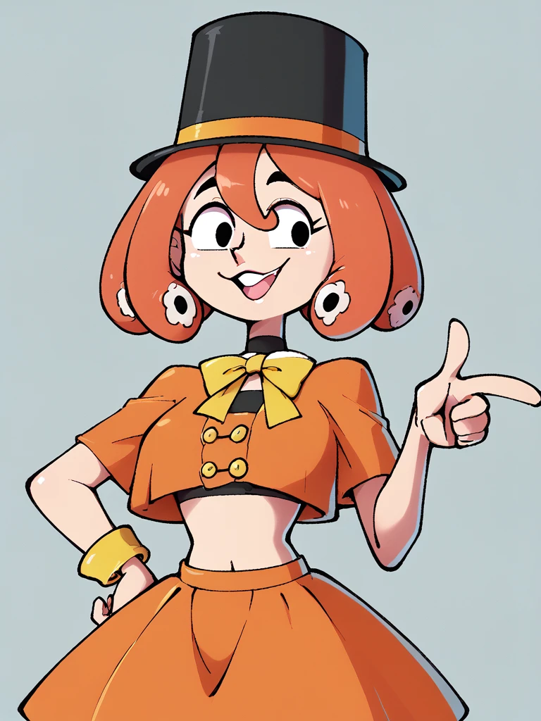 Orange cartoon-shaped octopus with a top hat and monacle with a humanoid shape pointing at the camera with a macabre shape