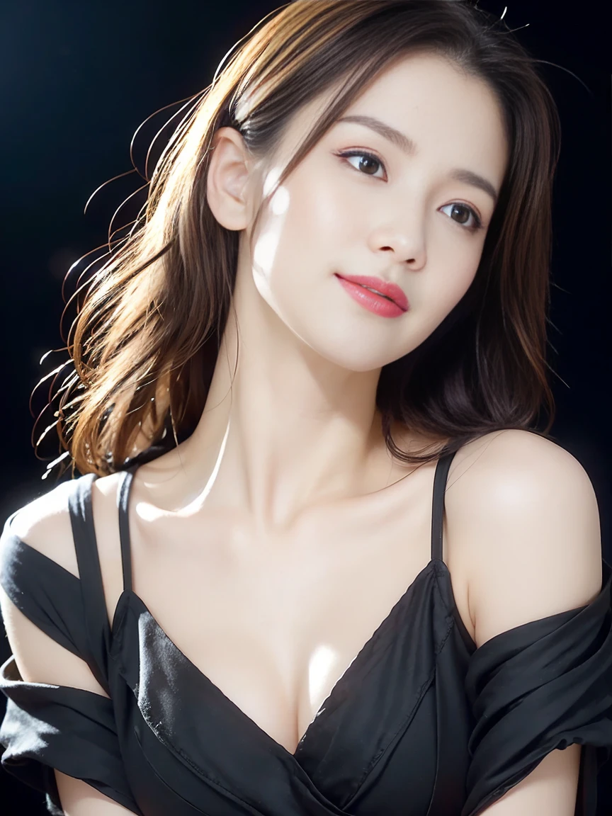 (Highest quality、Tabletop、8k、Best image quality、Award-winning works)、One beautiful woman、Beautiful and elegant long hair、Beautiful black hair、(alone:1.1)、(The perfect black V-neck short-sleeve knit:1.4)、(The simplest black background:1.4)、とてもBig Breasts、Accentuate your body lines、Beautiful and exquisite、look at me、(Perfect Makeup:1.1)、Bright lipstick、Ultra-high definition beauty face、Ultra HD Hair、Ultra HD Shining Eyes、Ultra High Resolution Perfect Teeth、Super high quality glossy lip、Accurate anatomy、Very beautiful skin、Glowing skin in ultra-high resolution、An elegant upright posture when viewed from the front、(very bright and vivid:1.3)、(Slender body:1.2)、(Cleavage:1.2)、(Big Breasts:1.1)、Shiny, Bright lipstick、(Face close-up:1.2)、(58-year-old:1.4)、(Wrinkled adult face:1.5)、Randomly oriented body、(West Shot)、