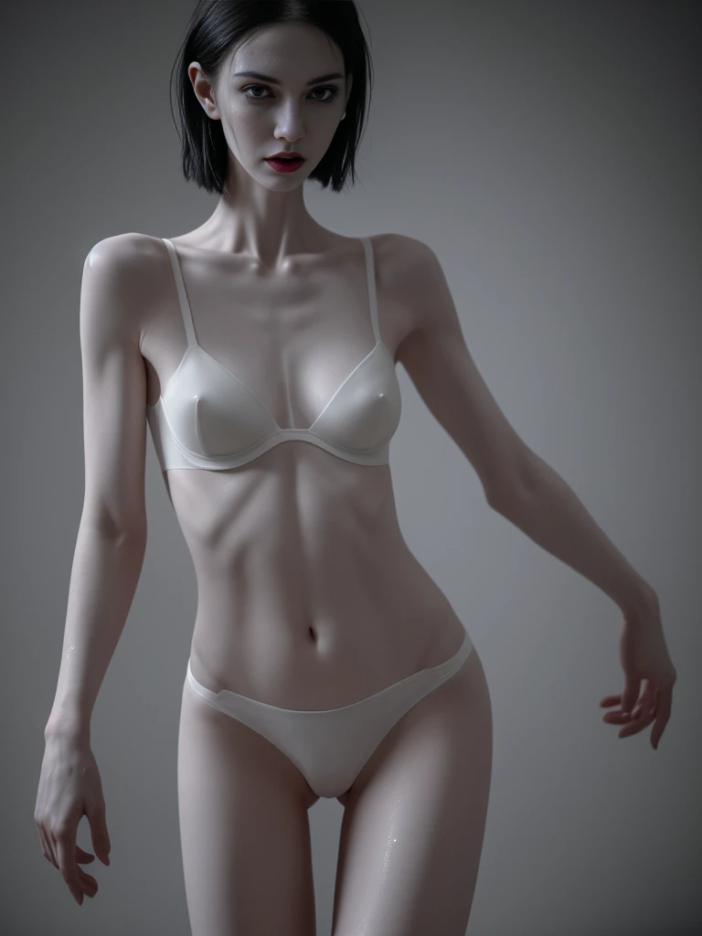 a very thin woman, sweaty wet pale white skin, visible bones, slender, panties, bra, tattoo, full body, mental breakdown, underground prison, (best quality,4k,8k,highres,masterpiece:1.2),ultra-detailed,(realistic,photorealistic,photo-realistic:1.37),dark moody lighting,dramatic, chiaroscuro lighting, cinematic, horror, gothic