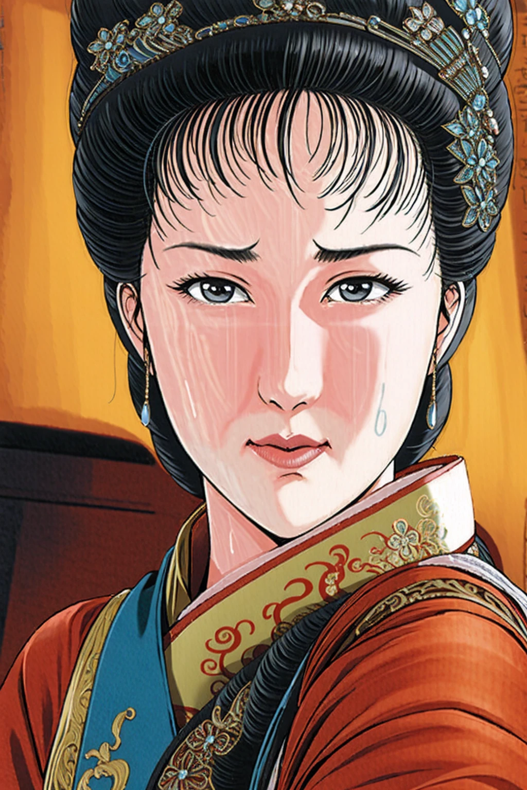 (best quality), (very aesthetic), (ultra-detailed), (best illustration),(a mature female),(perfect face),Suikoden,Mrs. Lin,(((NSFW))),((full_body)),((full_nude)),(crying),Covers mouth with right hand,red cheek,sweating,skinny,flushed skin,(hairly),(Missionary position sex),(resting the back of her head on a pillow),(She is lying face up on chinese traditional bed room),over head view