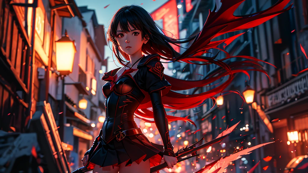 beautiful, masterpiece, Highest quality, Highly detailed face, Perfect lighting,One girl, alone, matoi ryuuko, Seraph of the Black, Black Skirt, Redhead, senketsu, Torn clothes, Underbust