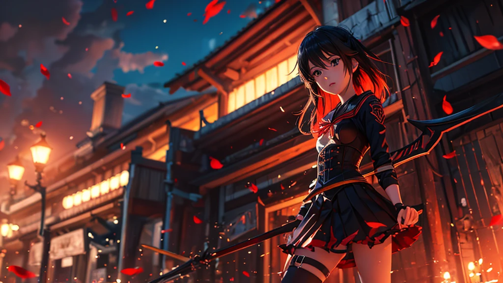 beautiful, masterpiece, Highest quality, Highly detailed face, Perfect lighting,One girl, alone, matoi ryuuko, Seraph of the Black, Black Skirt, Redhead, senketsu, Torn clothes, Underbust