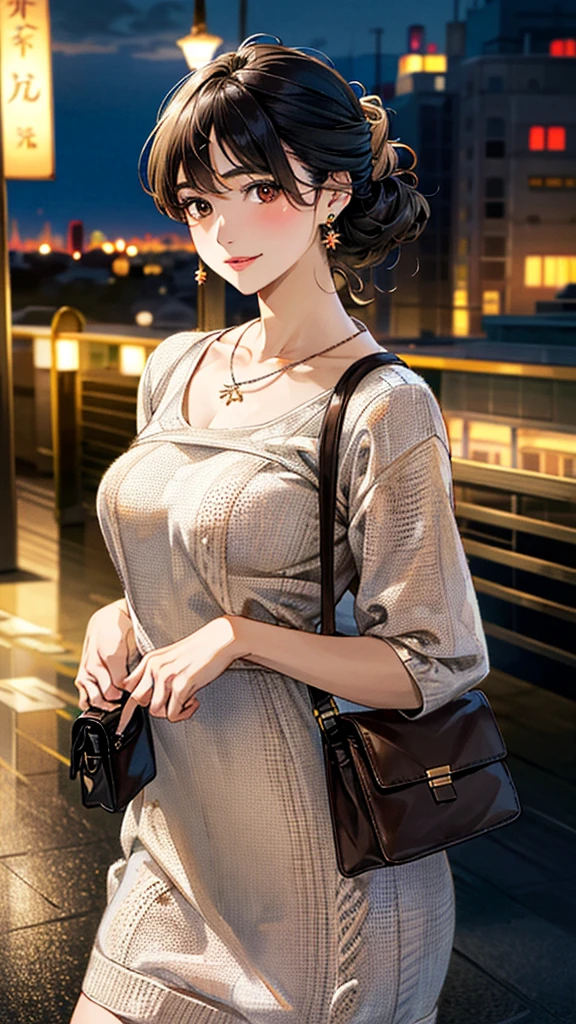 (masterpiece:1.3, Highest quality, Ultra-high resolution, Super detailed), (Realistic, photoRealistic:1.4), Beautiful illustrations, Perfect lighting, colorful, Depth of written boundary,
Beautiful detailed hair, Beautifully detailed face, Beautiful fine details, Beautiful clavicle, Beautiful body, 美しいLarge Breasts, Beautiful thighs, Beautiful feet, Beautiful fingers,
View Viewer、Front view:0.6, Beauty1人, Japanese, Beauty、30 years old, Perfect Face, (Perfect Anatomy, Anatomically correct), Cute and symmetrical face, Baby Face, , Shiny skin,
((brown、long、Knit dress:1.4)),(carrying a handbag:1.2)
(Black Hair, Updo Hair:1.4), 焦げbrownの目, Large Breasts, Slim body,
necklace, Small earrings:1.1,
(Beautiful views), (night), (city, cityscape in the distance), Standing with good posture, A soft smile、(Smile, Lips parted),