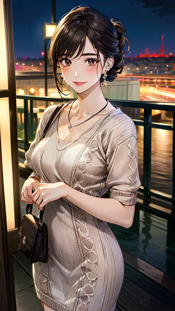 (masterpiece:1.3, Highest quality, Ultra-high resolution, Super detailed), (Realistic, photoRealistic:1.4), Beautiful illustrations, Perfect lighting, colorful, Depth of written boundary,
Beautiful detailed hair, Beautifully detailed face, Beautiful fine details, Beautiful clavicle, Beautiful body, 美しいLarge Breasts, Beautiful thighs, Beautiful feet, Beautiful fingers,
View Viewer、Front view:0.6, Beauty1人, Japanese, Beauty、30 years old, Perfect Face, (Perfect Anatomy, Anatomically correct), Cute and symmetrical face, Baby Face, , Shiny skin,
((brown、long、Knit dress:1.4)),(carrying a handbag:1.2)
(Black Hair, Updo Hair:1.4), 焦げbrownの目, Large Breasts, Slim body,
necklace, Small earrings:1.1,
(Beautiful views), (night), (city, cityscape in the distance), Standing with good posture, A soft smile、(Smile, Lips parted),
