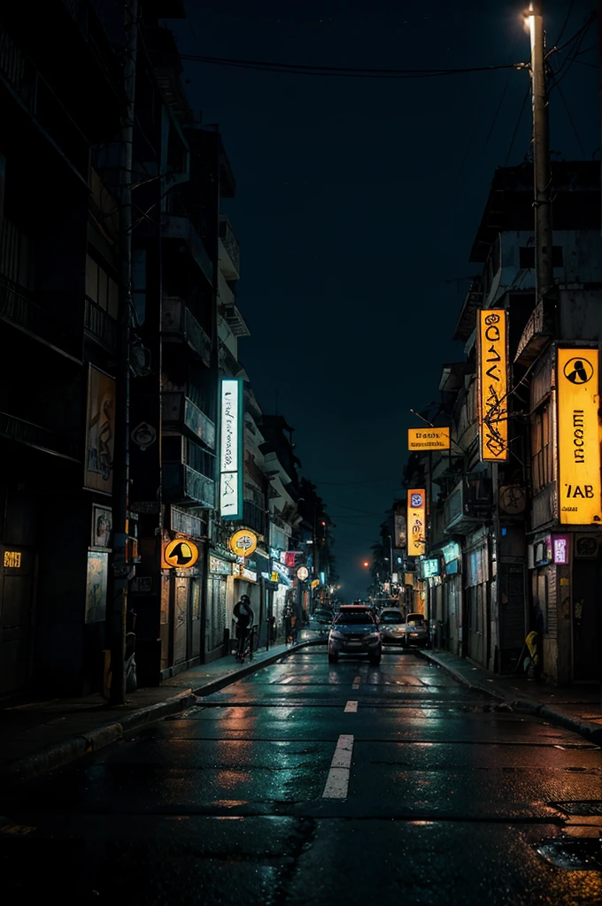 estrada que entra em uma cidade cyberpunk de noite