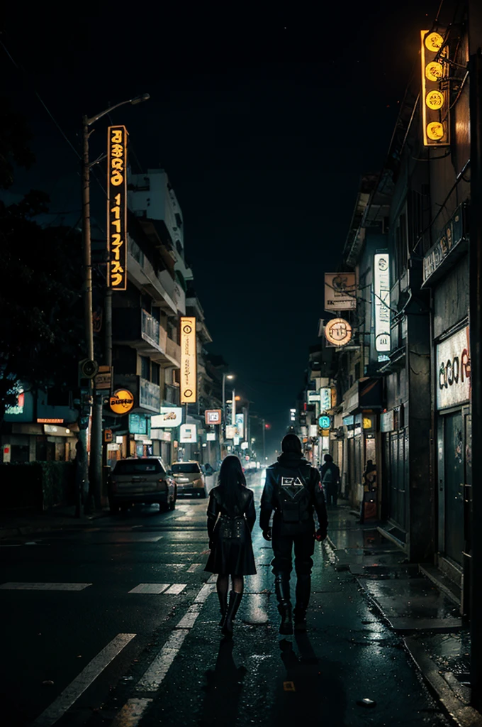 estrada que entra em uma cidade cyberpunk de noite