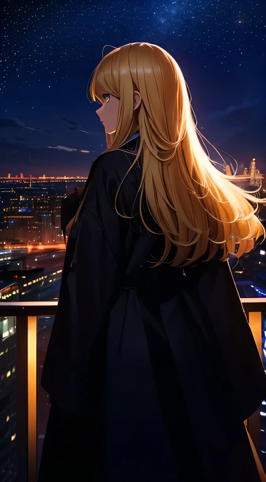 １people々々々々々々々々々,Blonde long-haired woman，Long coat， Dress Silhouette， Rear View，Space Sky, comet, Anime Style, City night view from the rooftop，